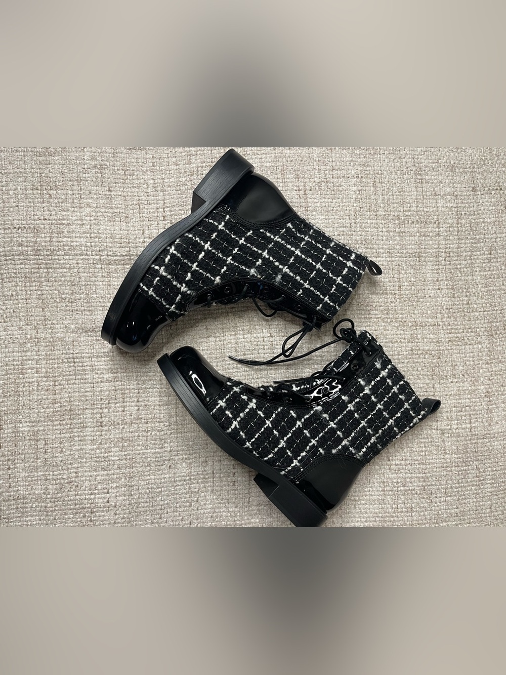 Charles & Keith Women's Black Tweed & Patent Lace-Up Boots